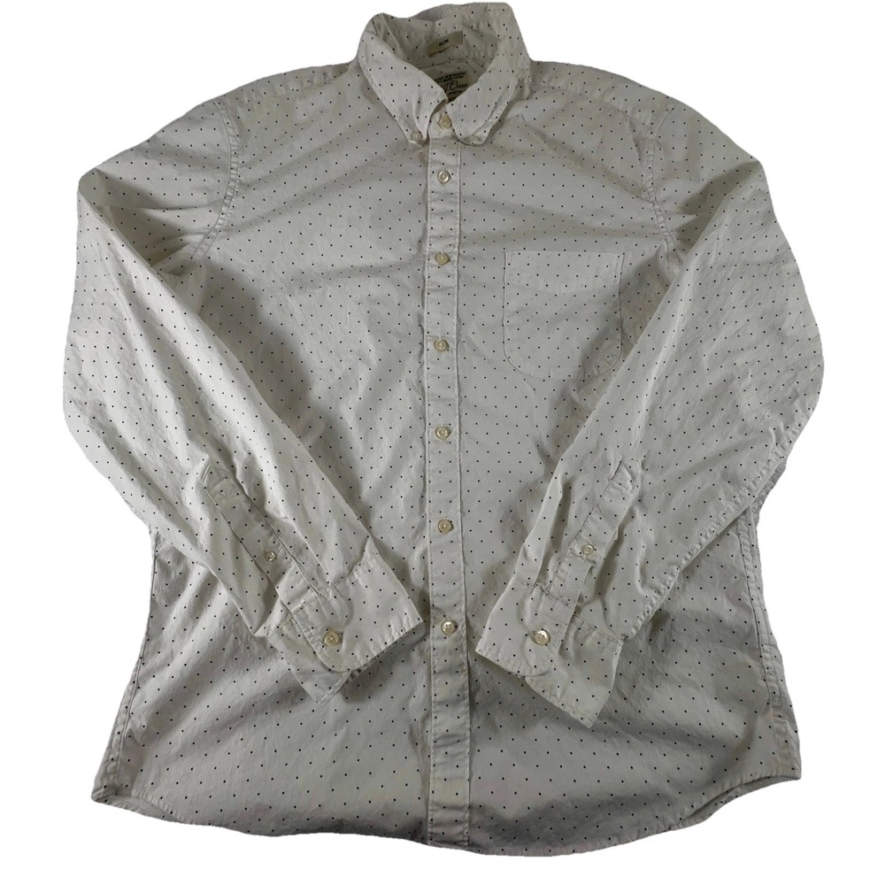 J Crew Slim Button Down Shirt Mens L White Organic Cotton Long Sleeve Polka Dot